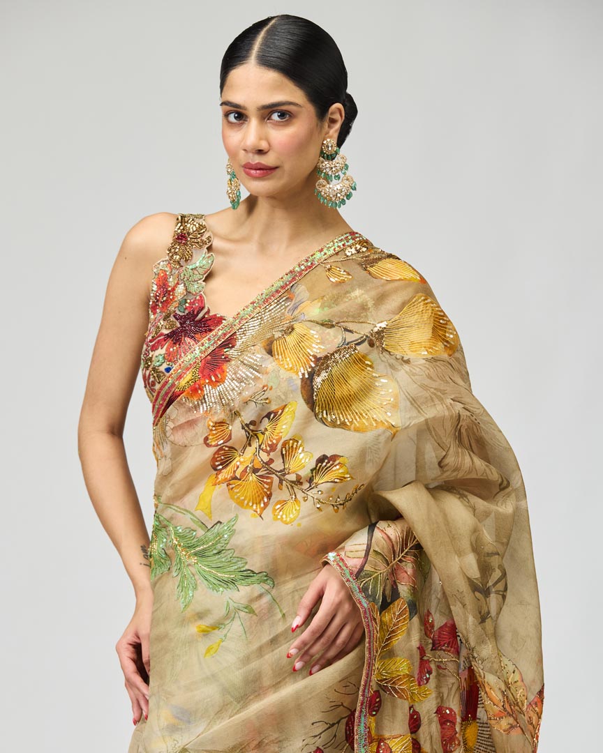 Beige Flower Motif Silk Organza Saree Set for Weddings