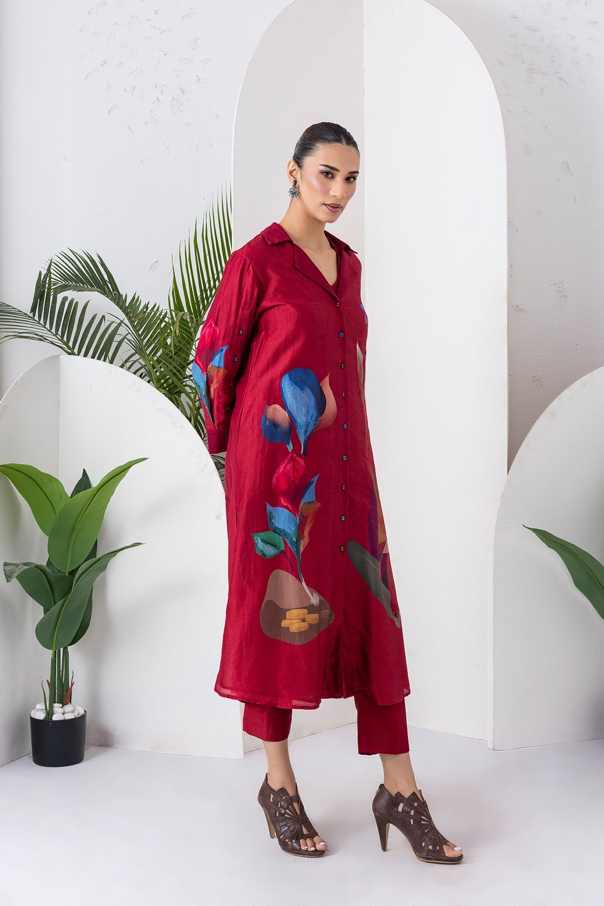 Red Viscose Dupion Printed Front Open Dress Set (3 PCS)