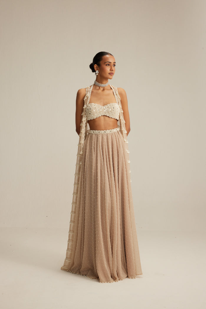 Light Beige Pearl Drop Jacket Set.