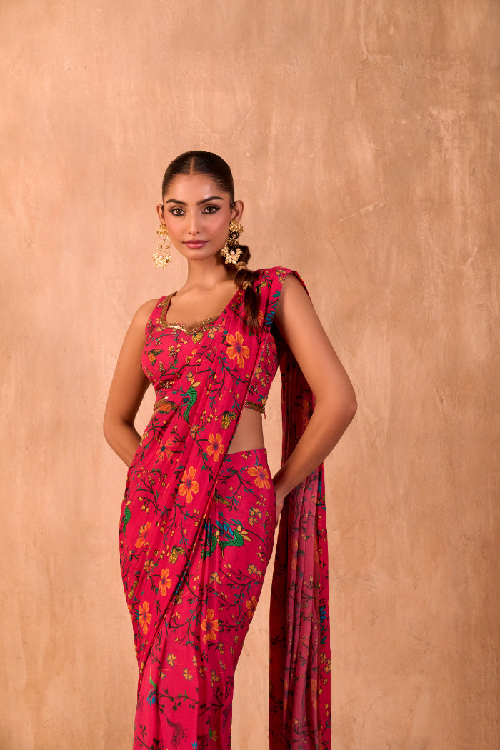 PINK PRINT EMBROIDERED CHOLI WITH PRE-DRAPED SARI SET - image 4