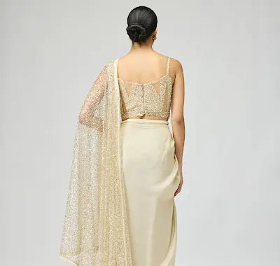 Ivory Viscose Tissue Saree Set with Bead Embroidery for Festive Wear