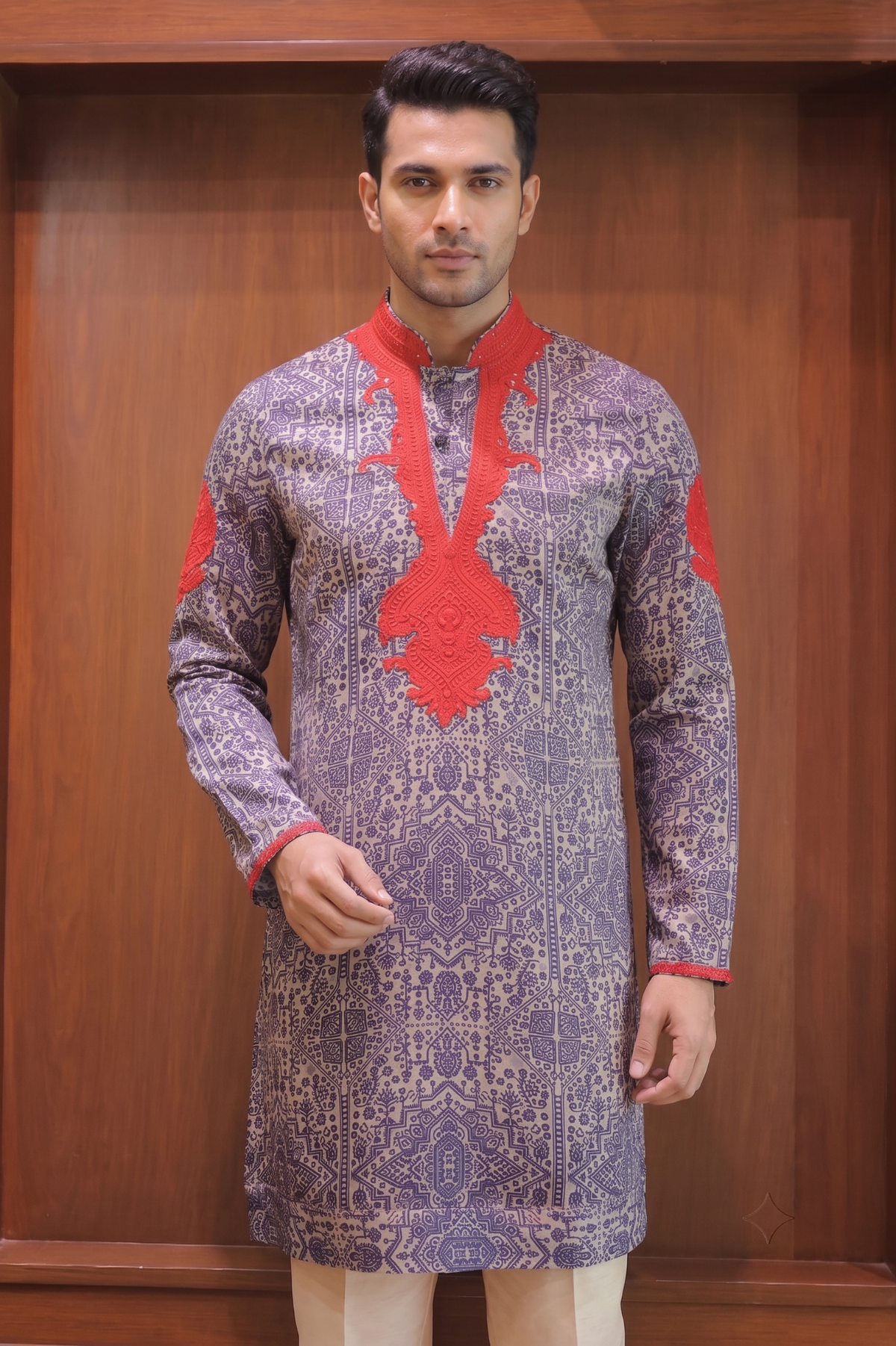 Naqshdar Red Threadwork Linen Satin Kurta