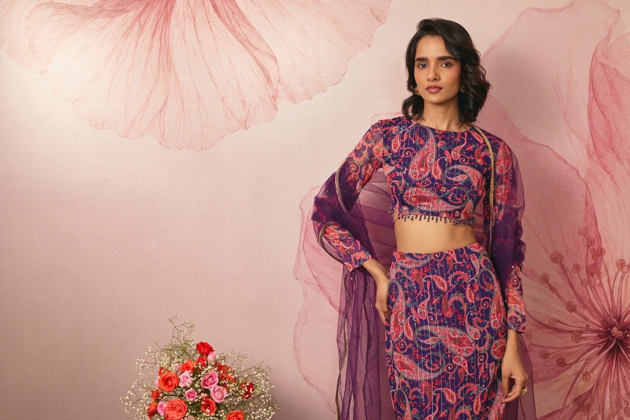 VIOLET PAISLEY PRINTED LEHENGA SET