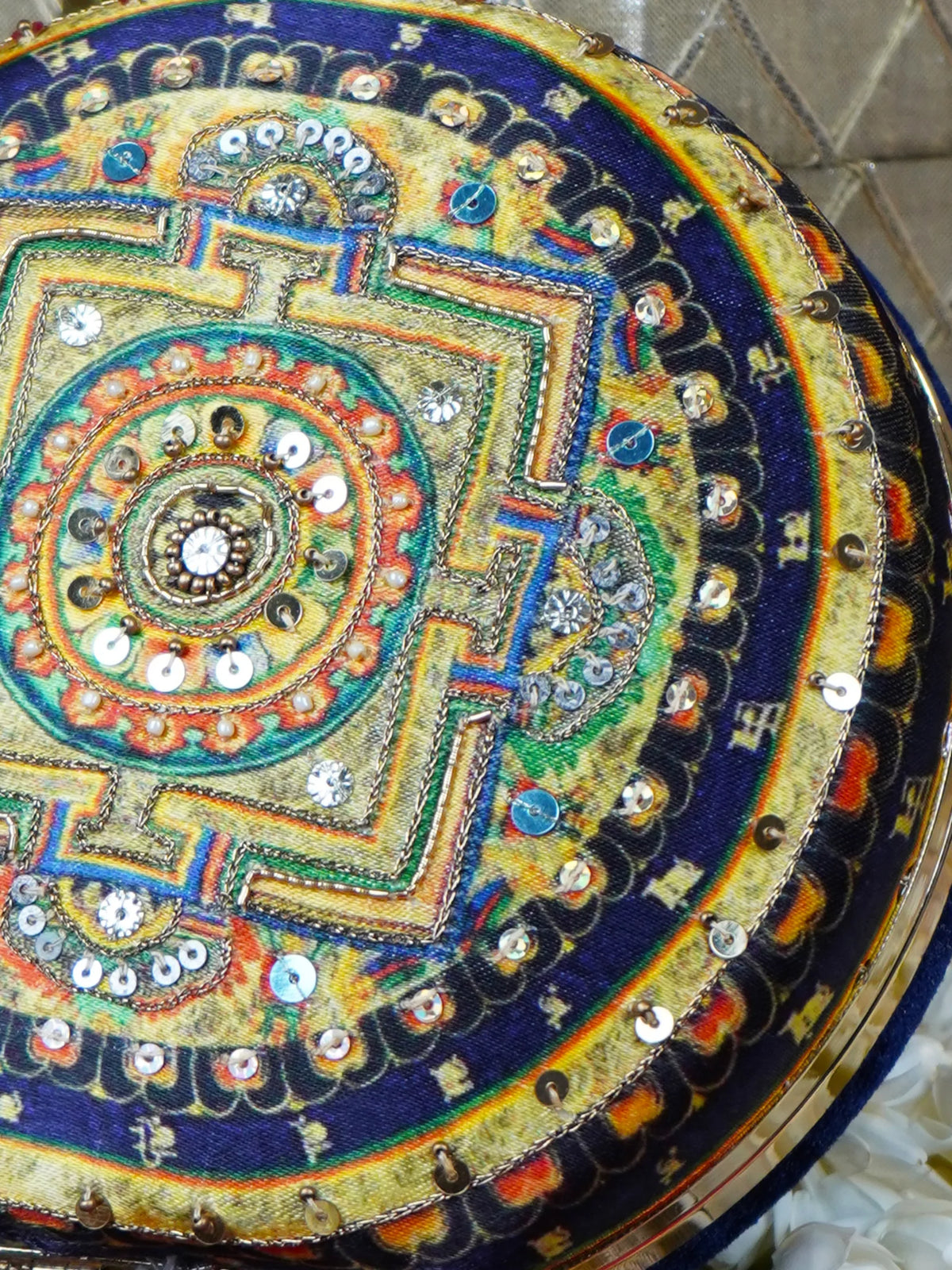 Blue Mandala Printed Embroidered Round Clutch Bag with Gold Tassel