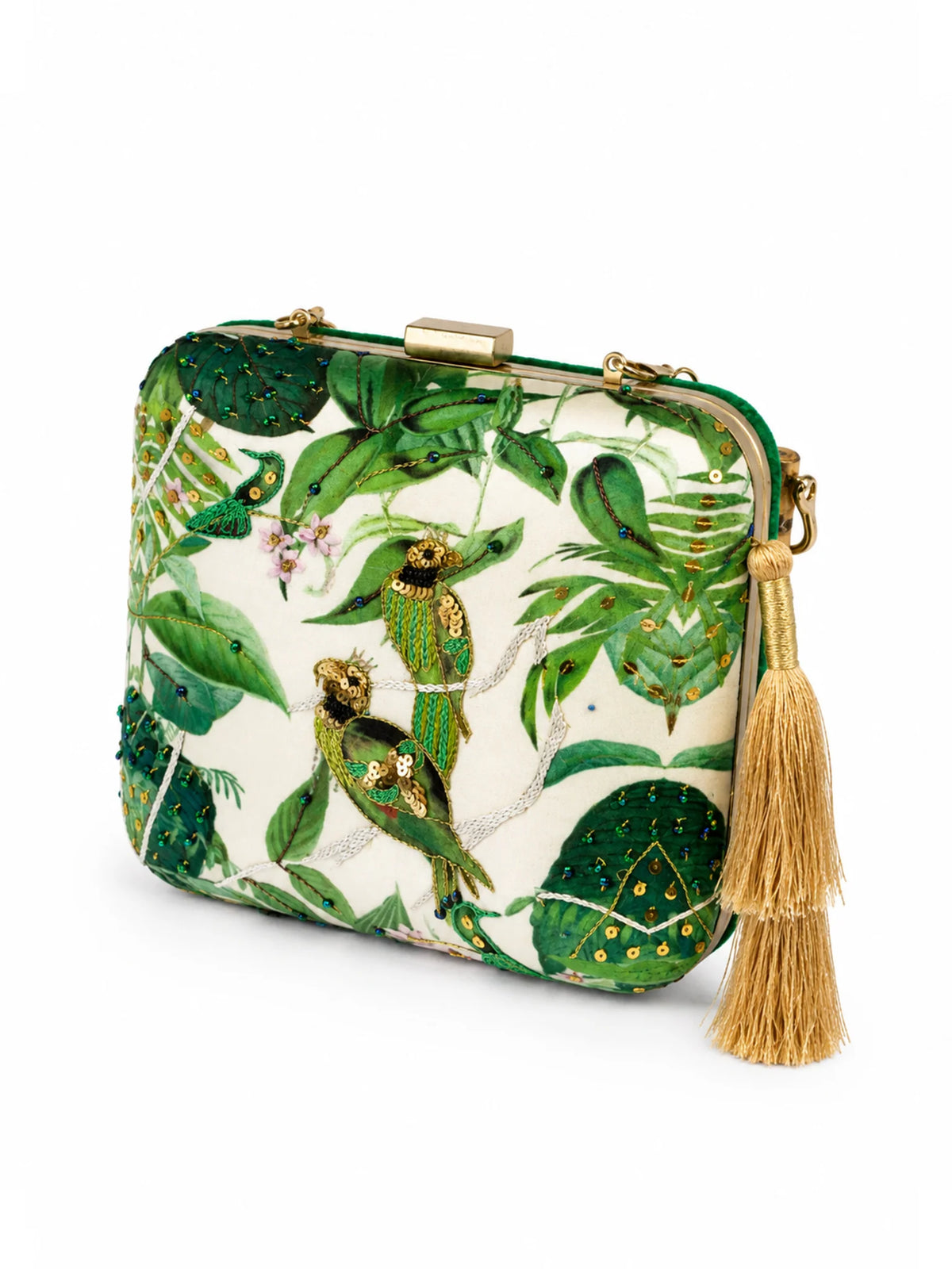Green Parrot Embroidered Clutch Bag with Forest Print & Gold Tassel