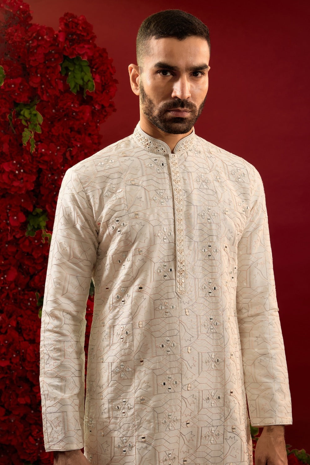 Cream silk kurta and pajama with hand and machine work