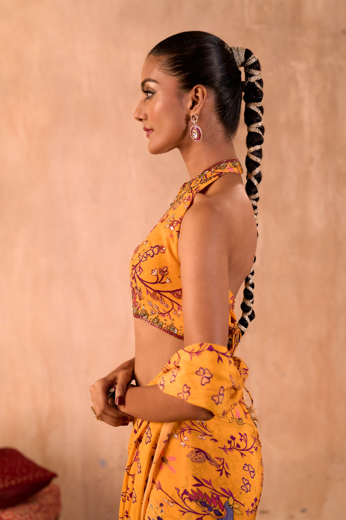 YELLOW PRINT EMBROIDERED HALTER CHOLI AND PREDRAPED SARI SET - image 4