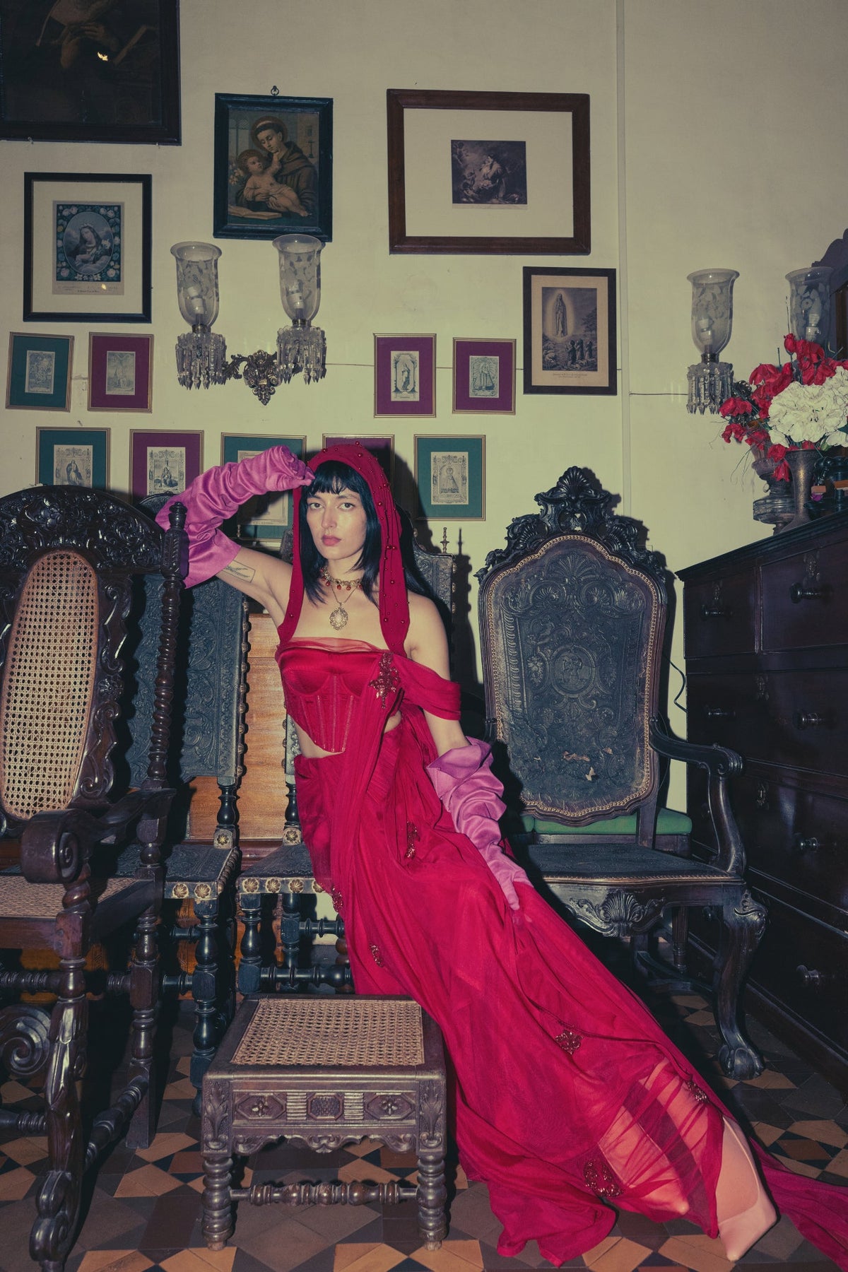 Roman Red, Zardosi Embroidery, Silk & Tulle, Corset Sari Set, Pre-Renaissance Motifs