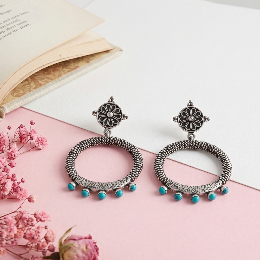 Turquoise Accent Silver Hoop Earrings by Sangeeta Boochra