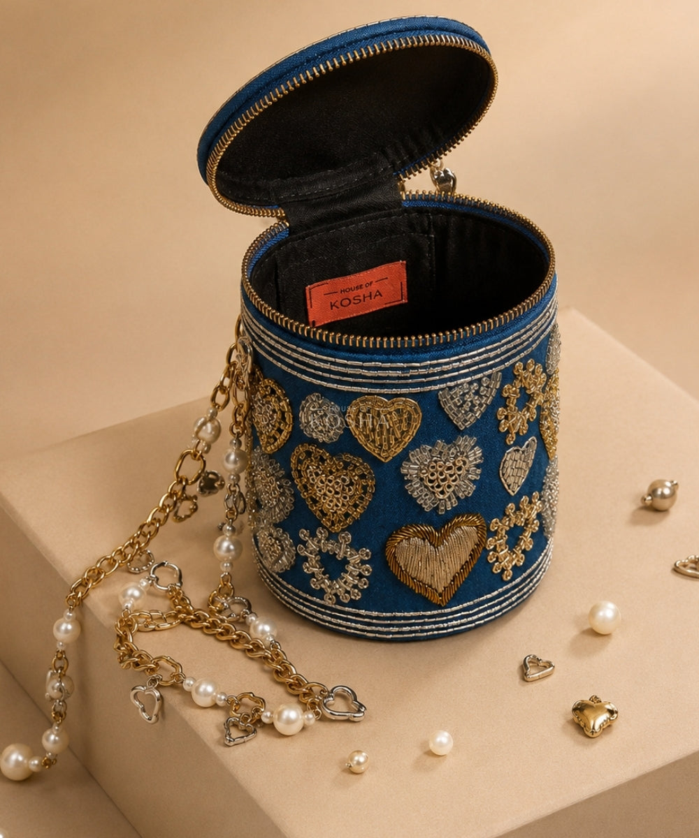 Alizeh Gold & Silver Denim Embroidered Cylinder Mini Bag