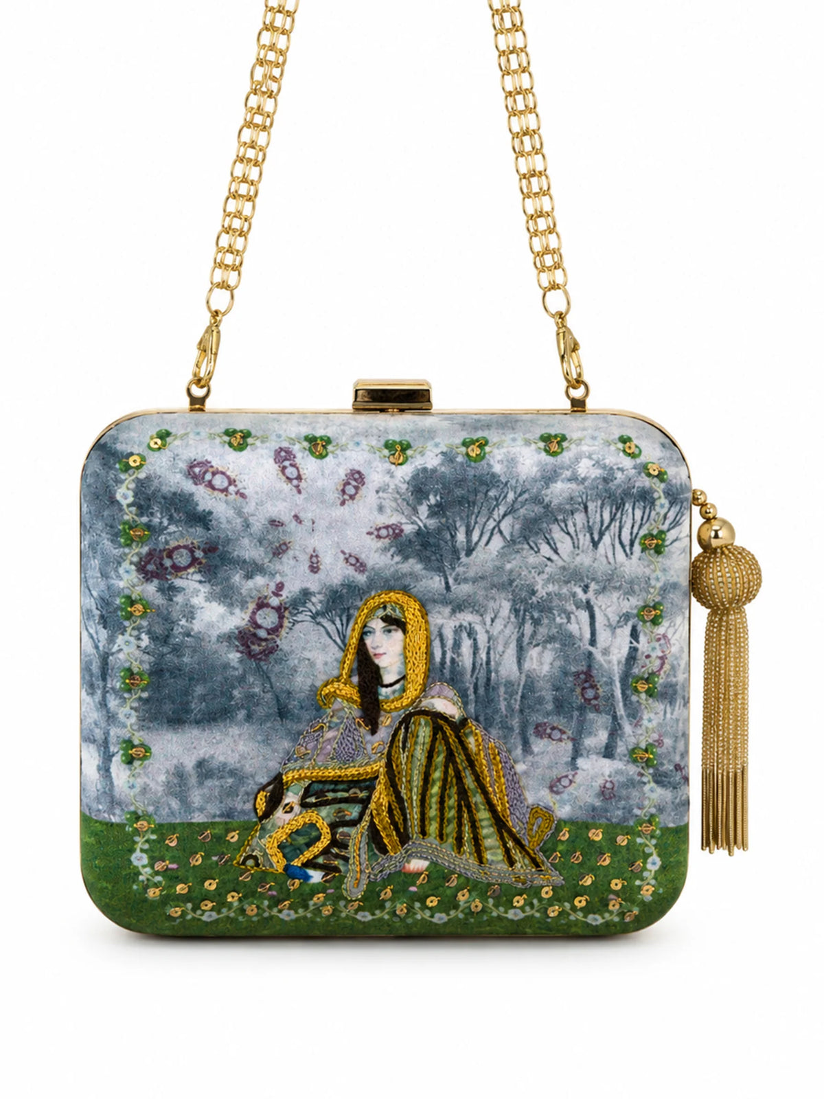 Indian Queen Portrait Embellished Clutch Bag with Gold Tassel