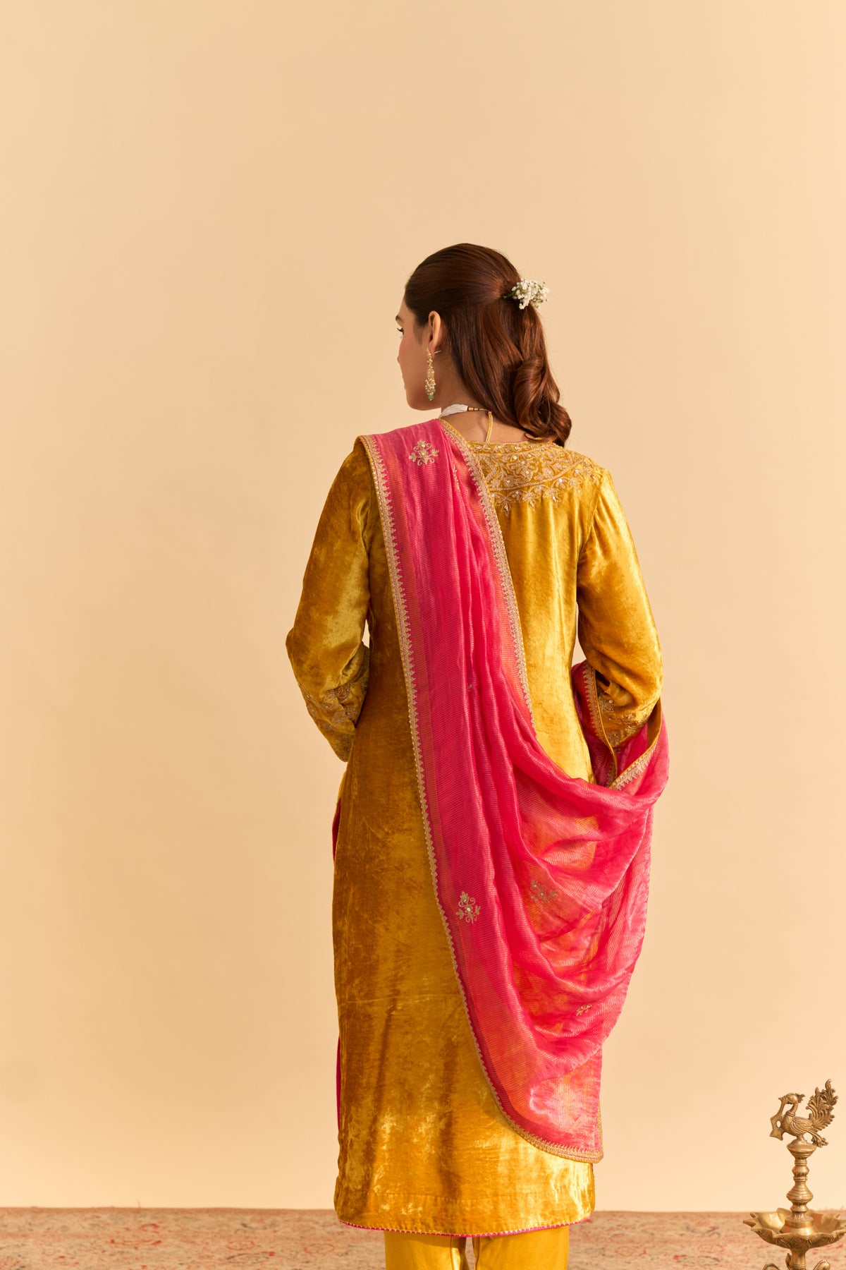 Mustard Velvet Kurta Set with Salwar and Tissue Dupatta