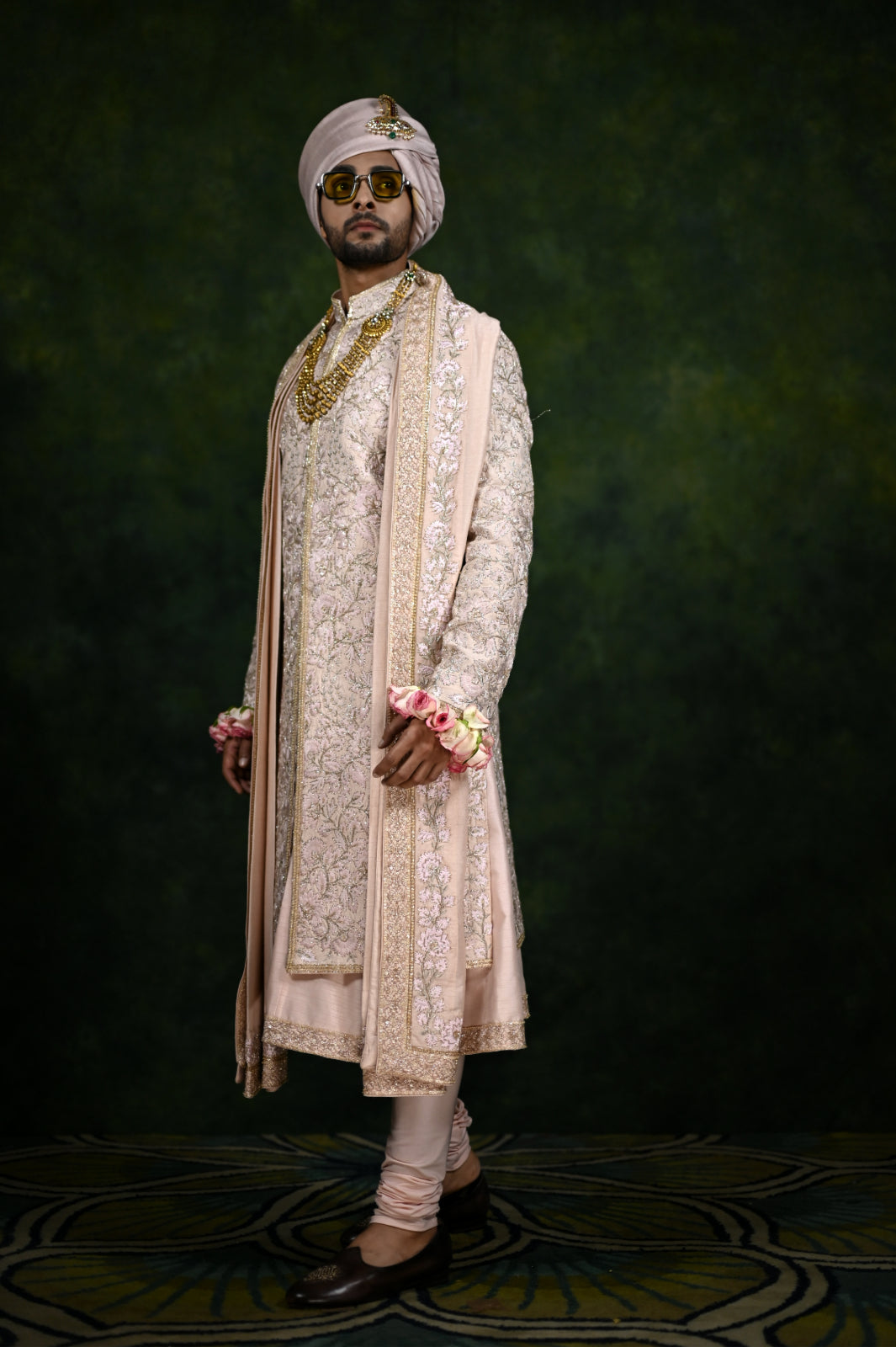 rose pink threadwork sherwani set