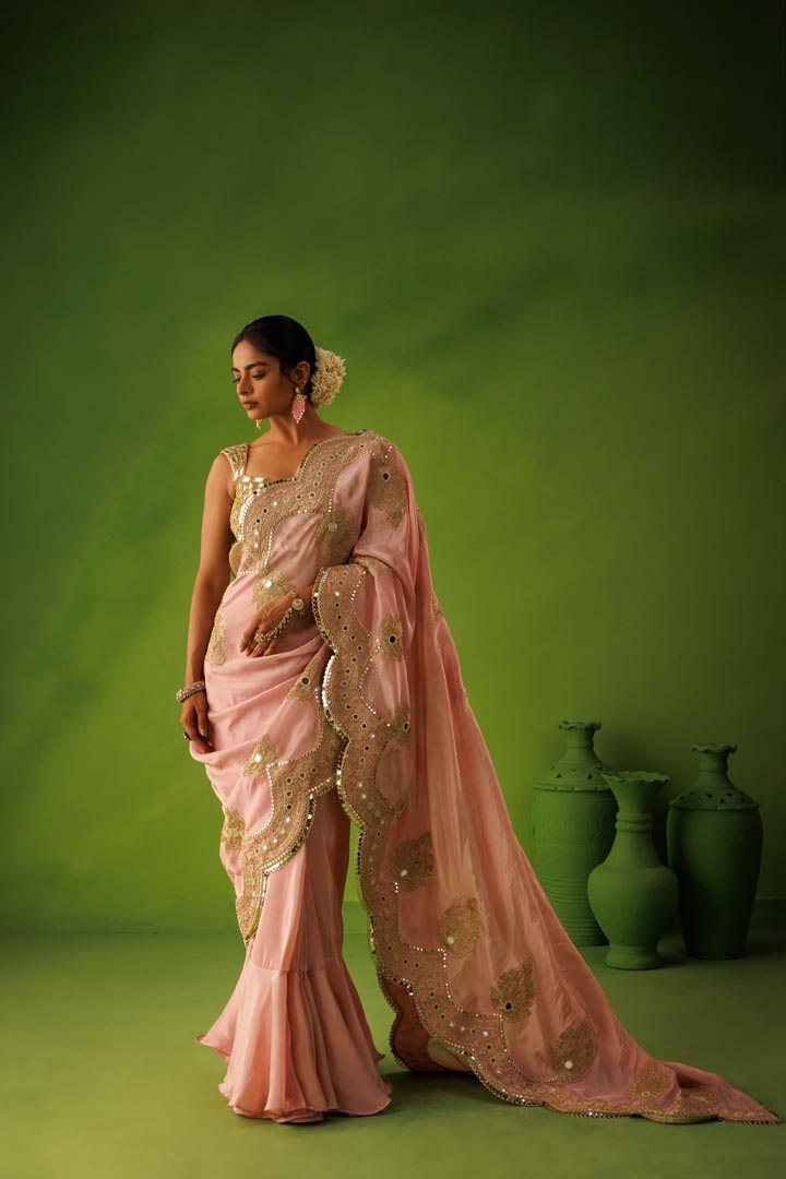 Baby pink mirror work saree set