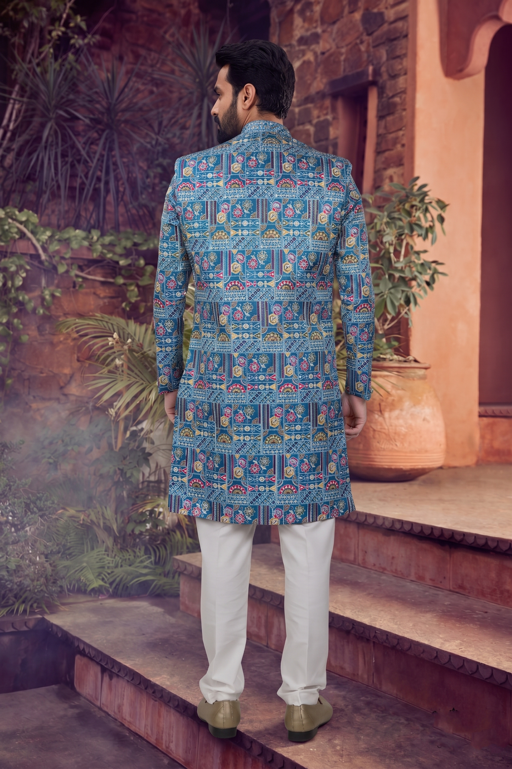 Men's SILK BLUE(MULTI COLOURS)  SEMI-INDO-WESTERN