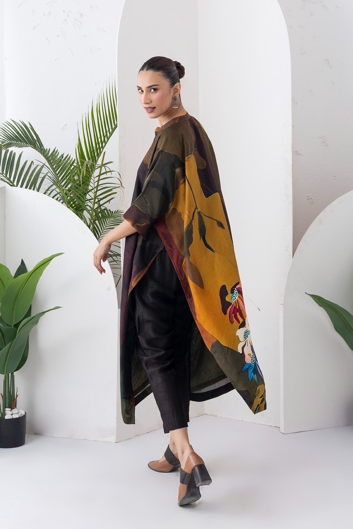 Mustard & Brown Viscose Dupion Printed Kaftan Style Dress Set (3 PCS)