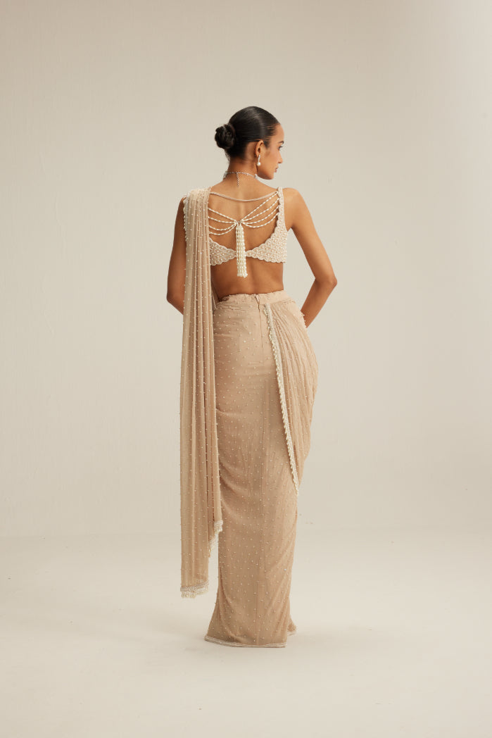 Light Beige Draped Saree Set