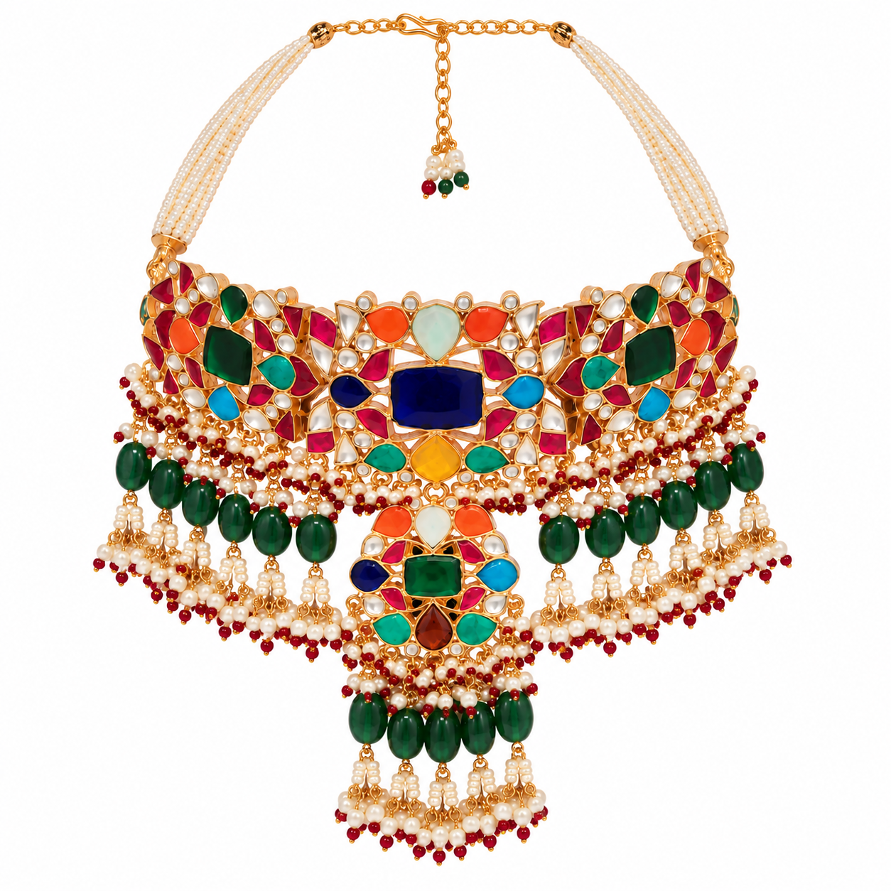 Multicolor Stone Pearl Choker Necklace Set