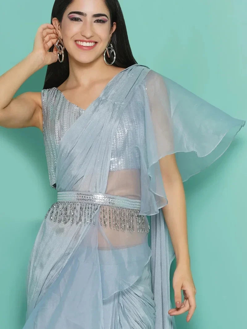 Sequin Saree drape with Organza frill