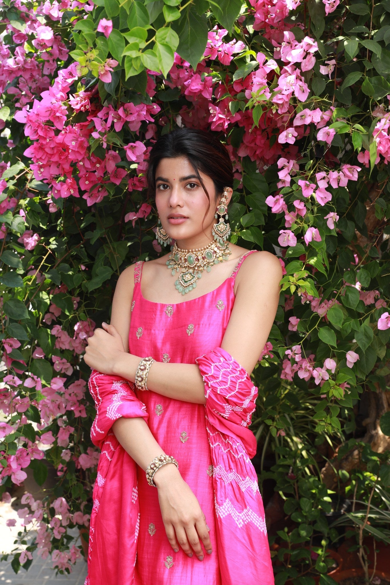 Embroidered kurta set with leher Bandhni Dupatta