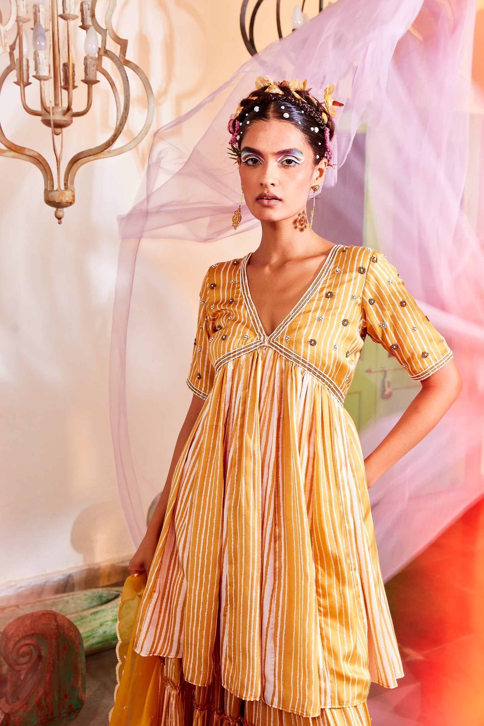 Ochre Yellow Peplum Dress with Sharara.