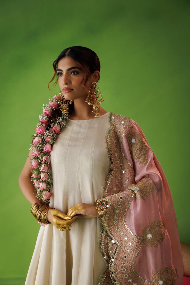 Beige tissue anarkali with pink dupatta