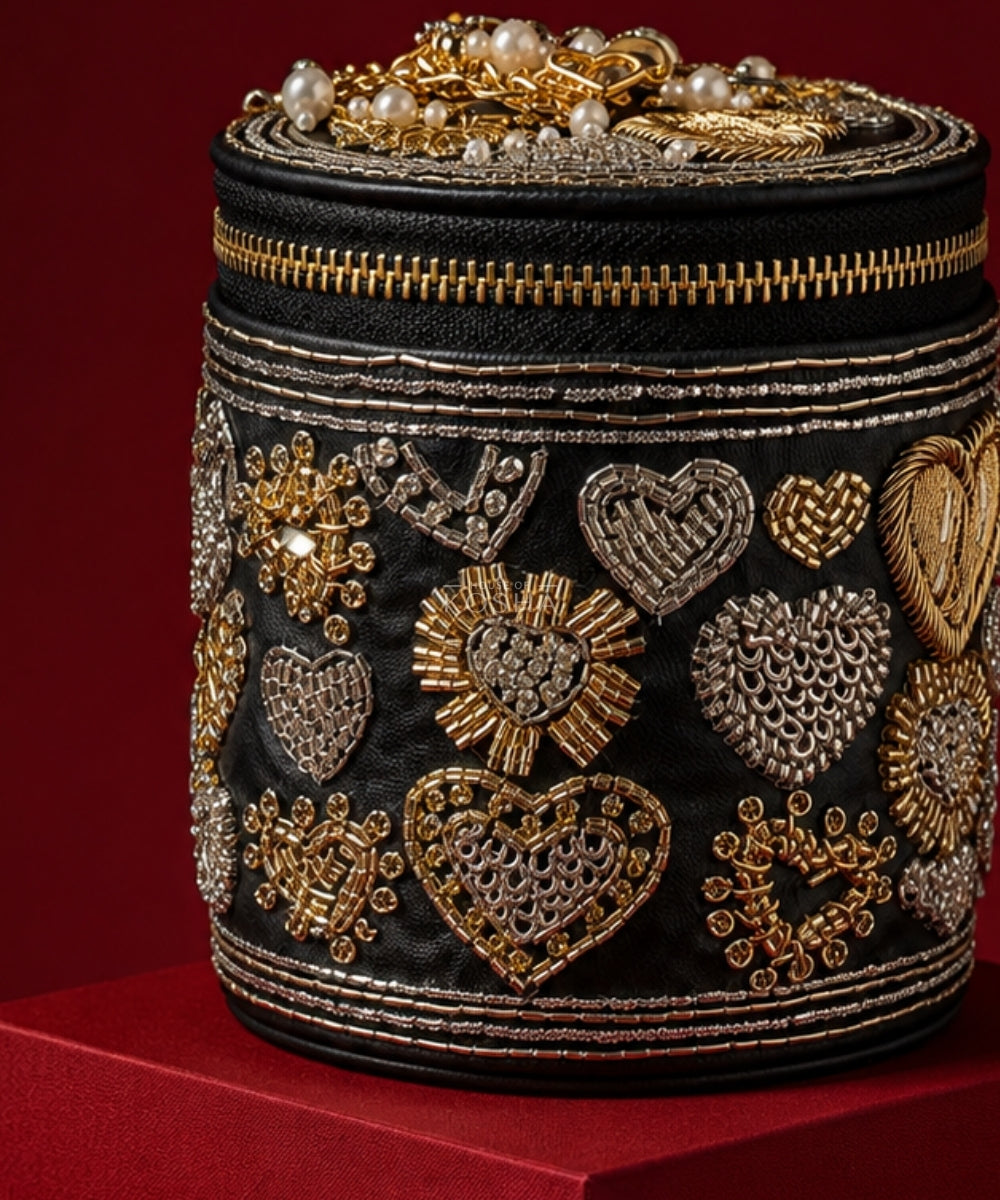 Malika Black Leather Embroidered Cylinder Mini Bag