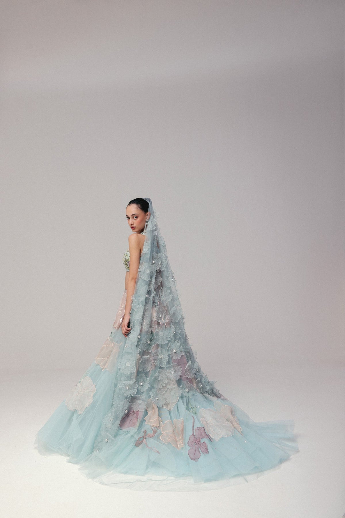 Floral & Zardosi Embroidery, Tulle & Silk with French Lace, Skirt Set, Crop Silhouette