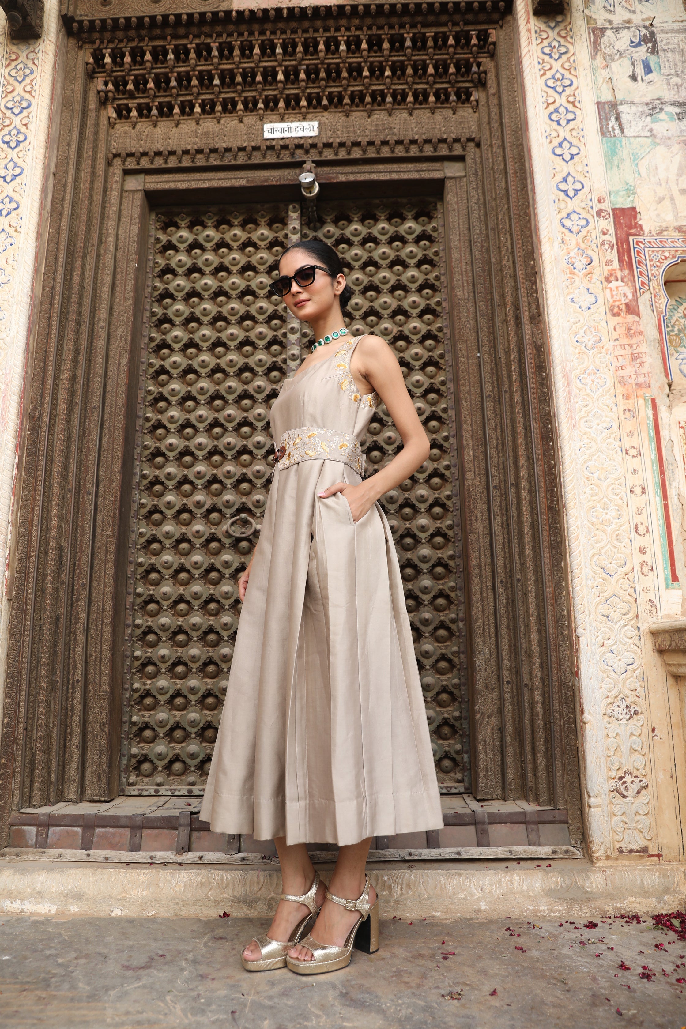 AD Dress in Ash Color with Hand Pitta Work & Belt