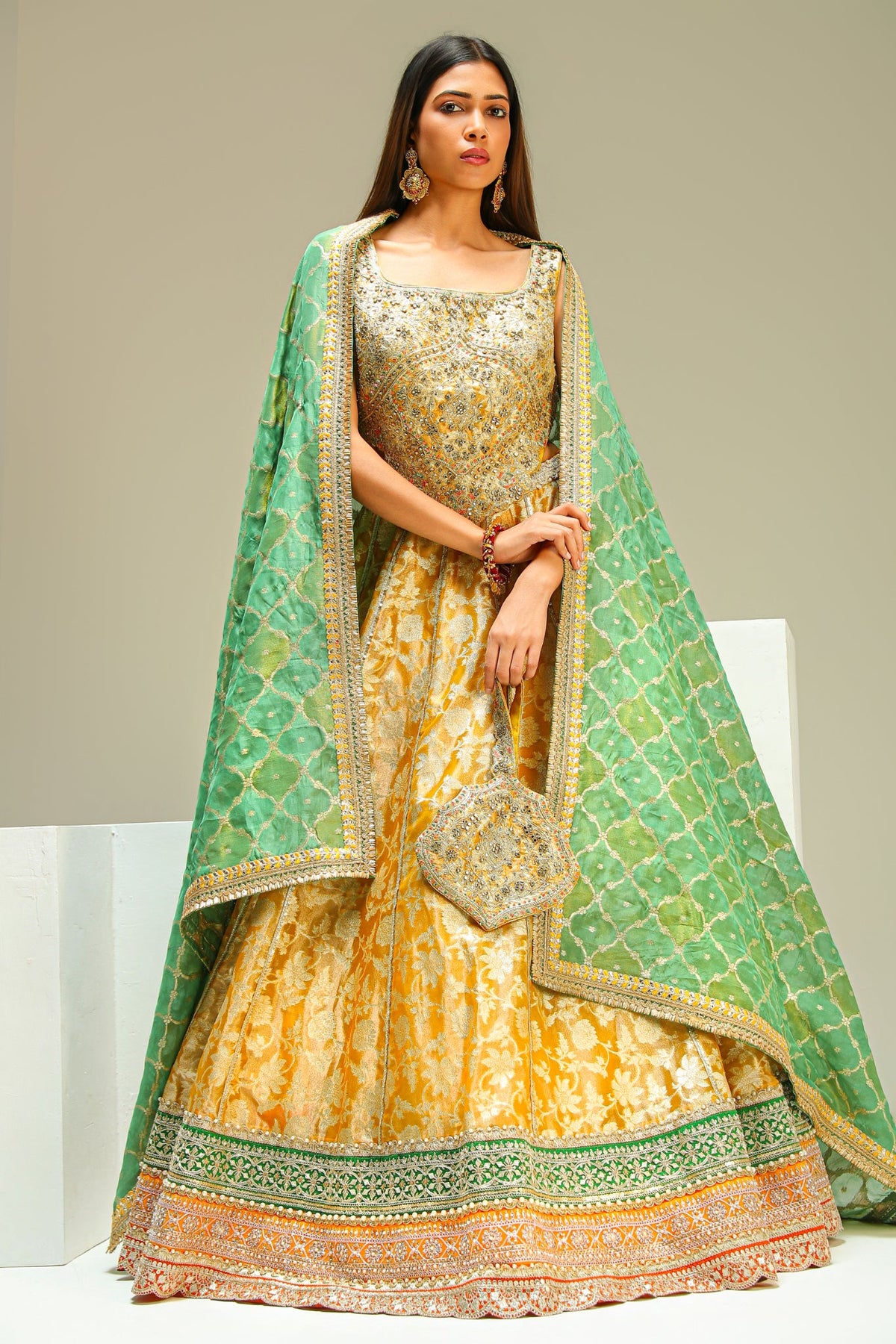 Mustard & Green Pure Banarasi Lehenga Set with Dupatta & Potli