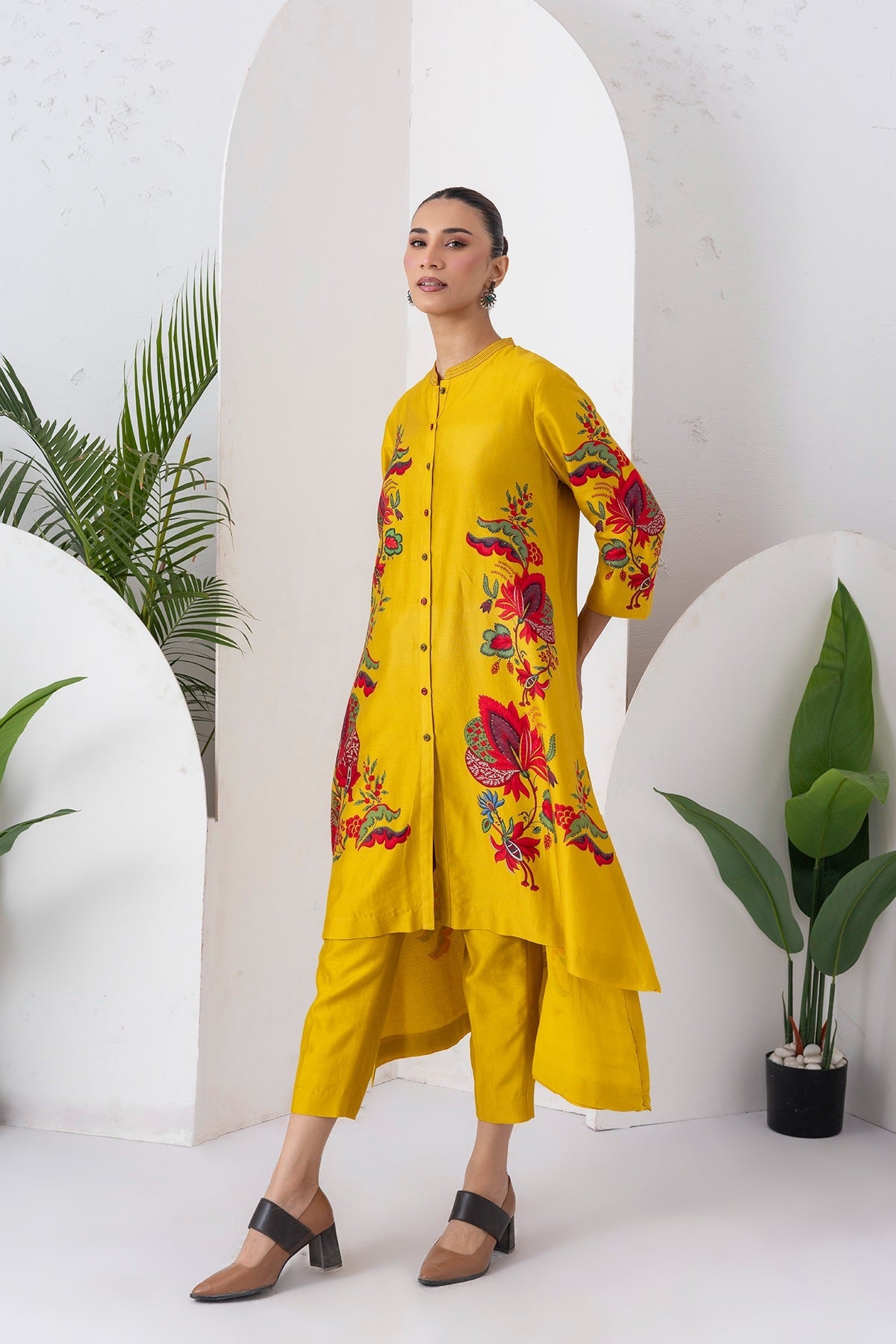 Yellow Silk Chanderi Printed Front Open Floral High-Low Dress Set (3 PCS)
