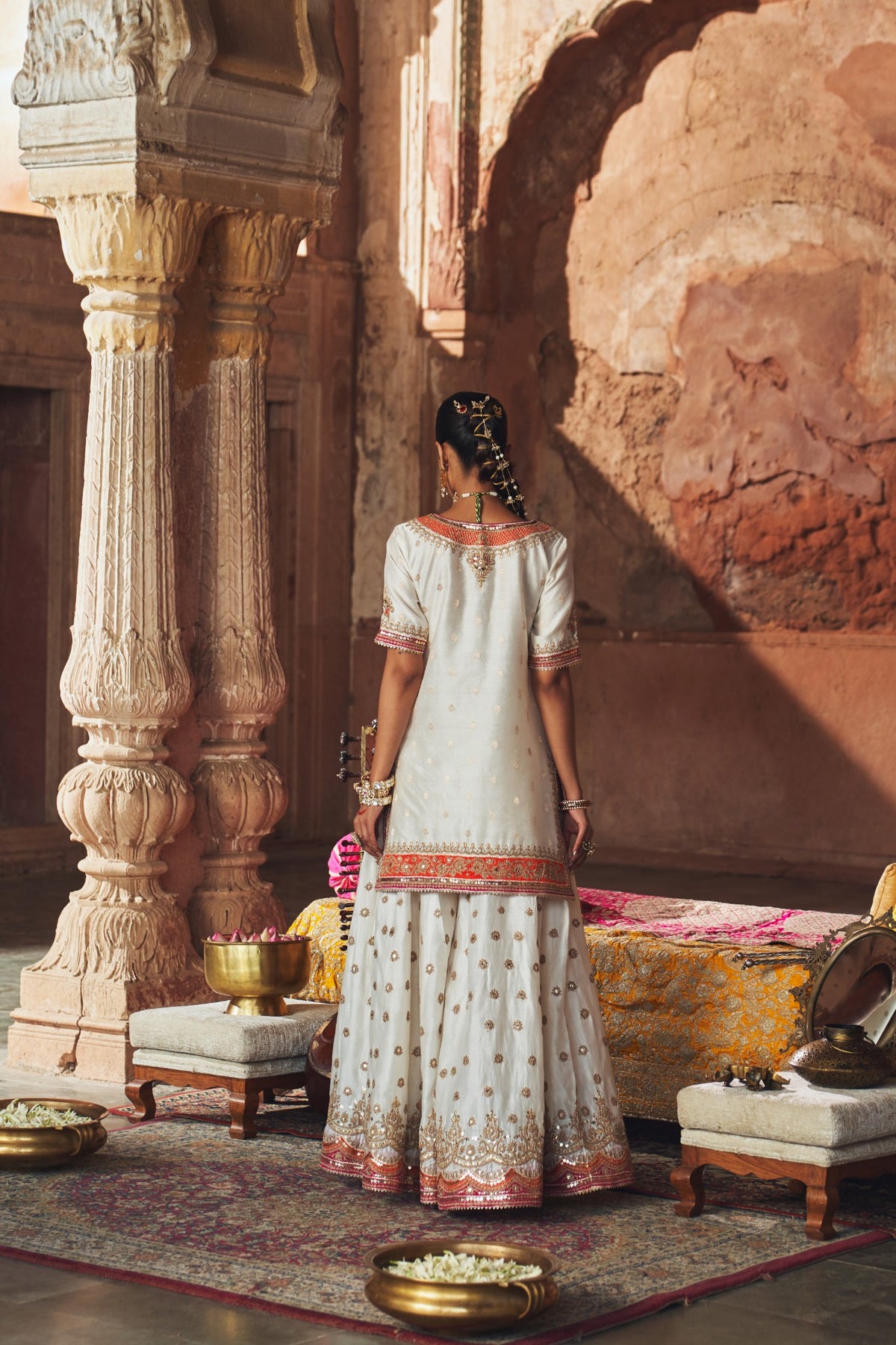 Ivory Banarasi Short Kurta Sharara Set with Organza Dupatta