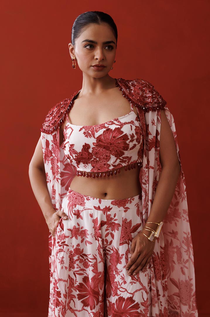 white & red printed shrug set