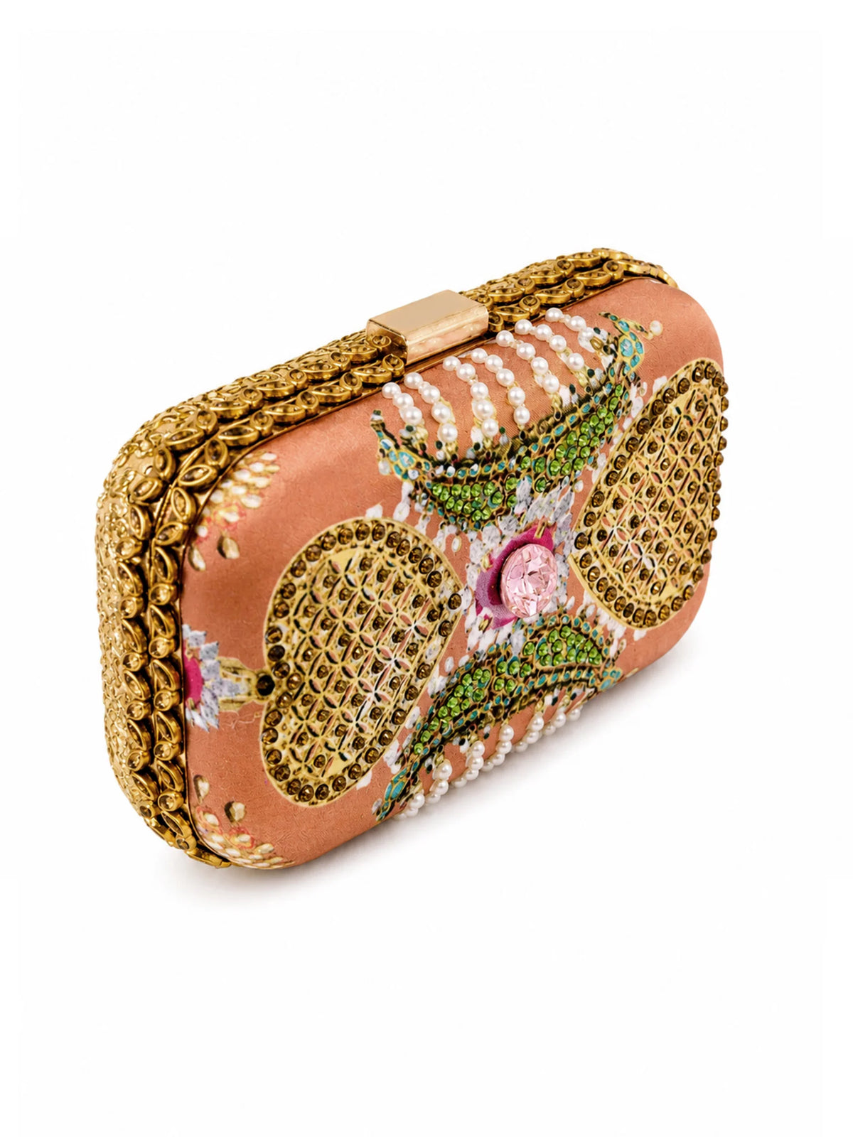 Brown Jewel-Inspired Embellished Clutch Bag with Pearl & Gold Detail
