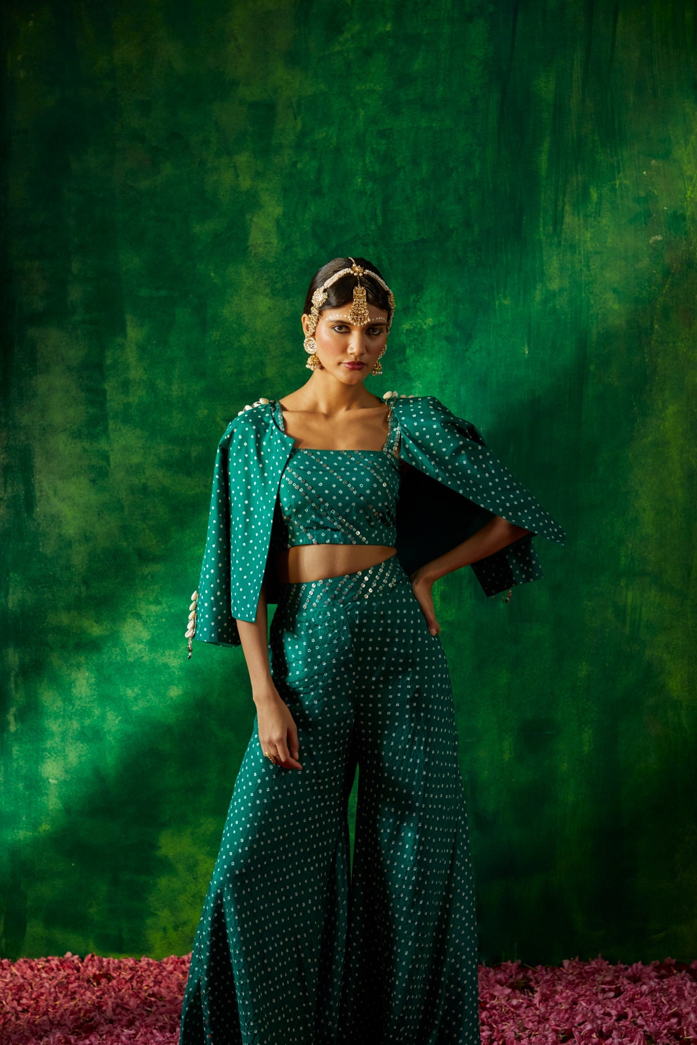 Short Bandhni blazer with bustier and flared pants