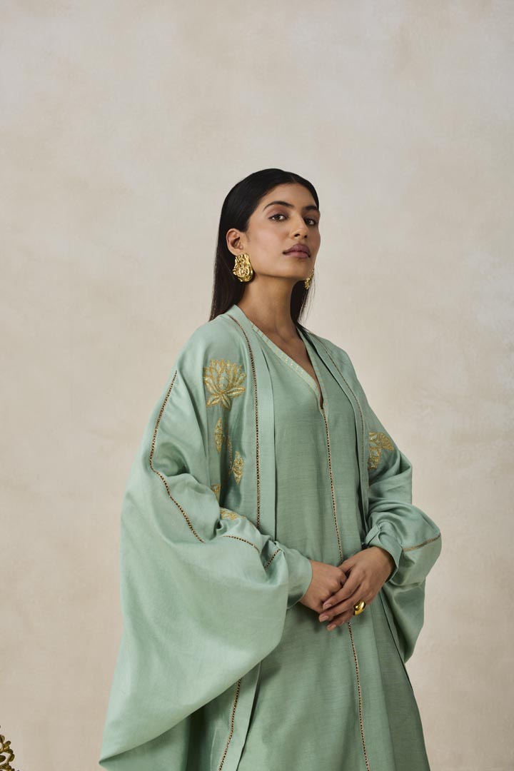 Sage Green Chanderi Jacket Style Kurta Set with Applique Work