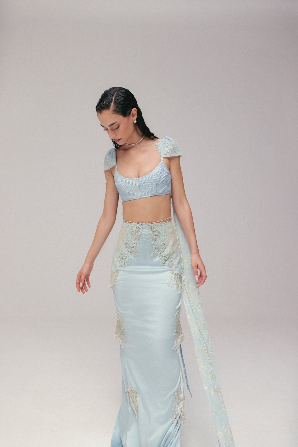 Bugle Bead & Crystal Embroidery, Silk Satin & Lace, Skirt Set, Crop Silhouette