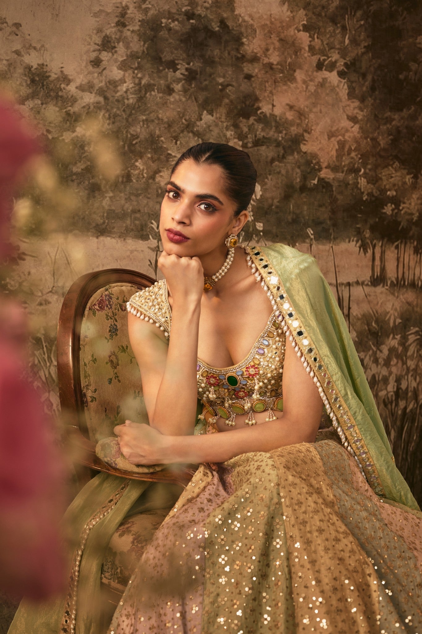 Multi colored sequins and mirror embroidered lehenga set