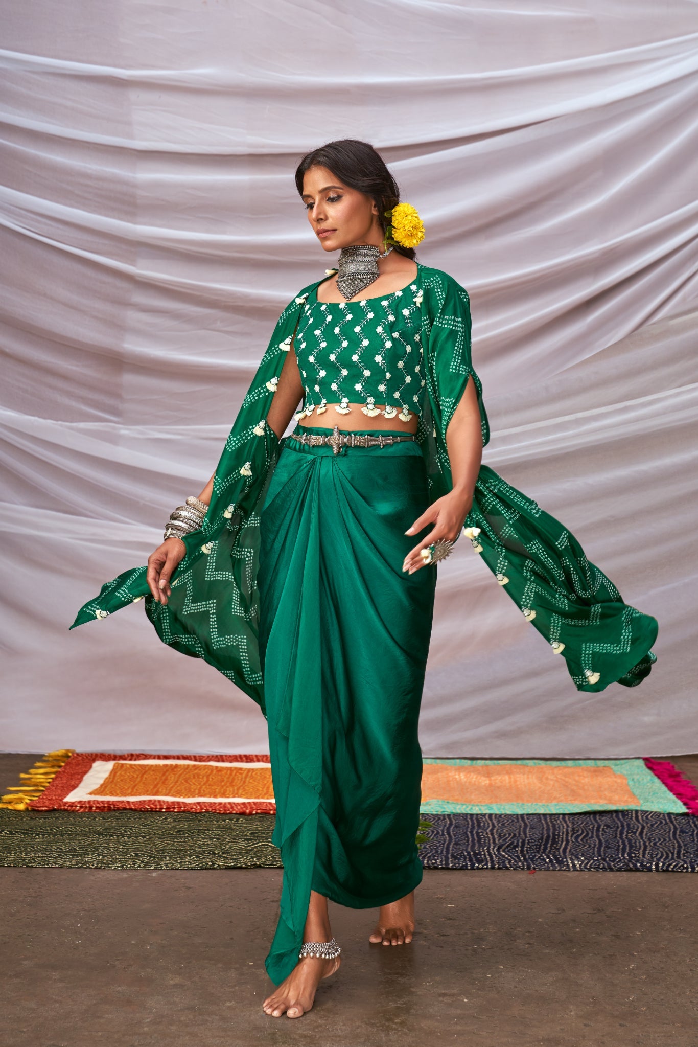 Zig-Zag Bandhani Cape Set With Dhoti Pants
