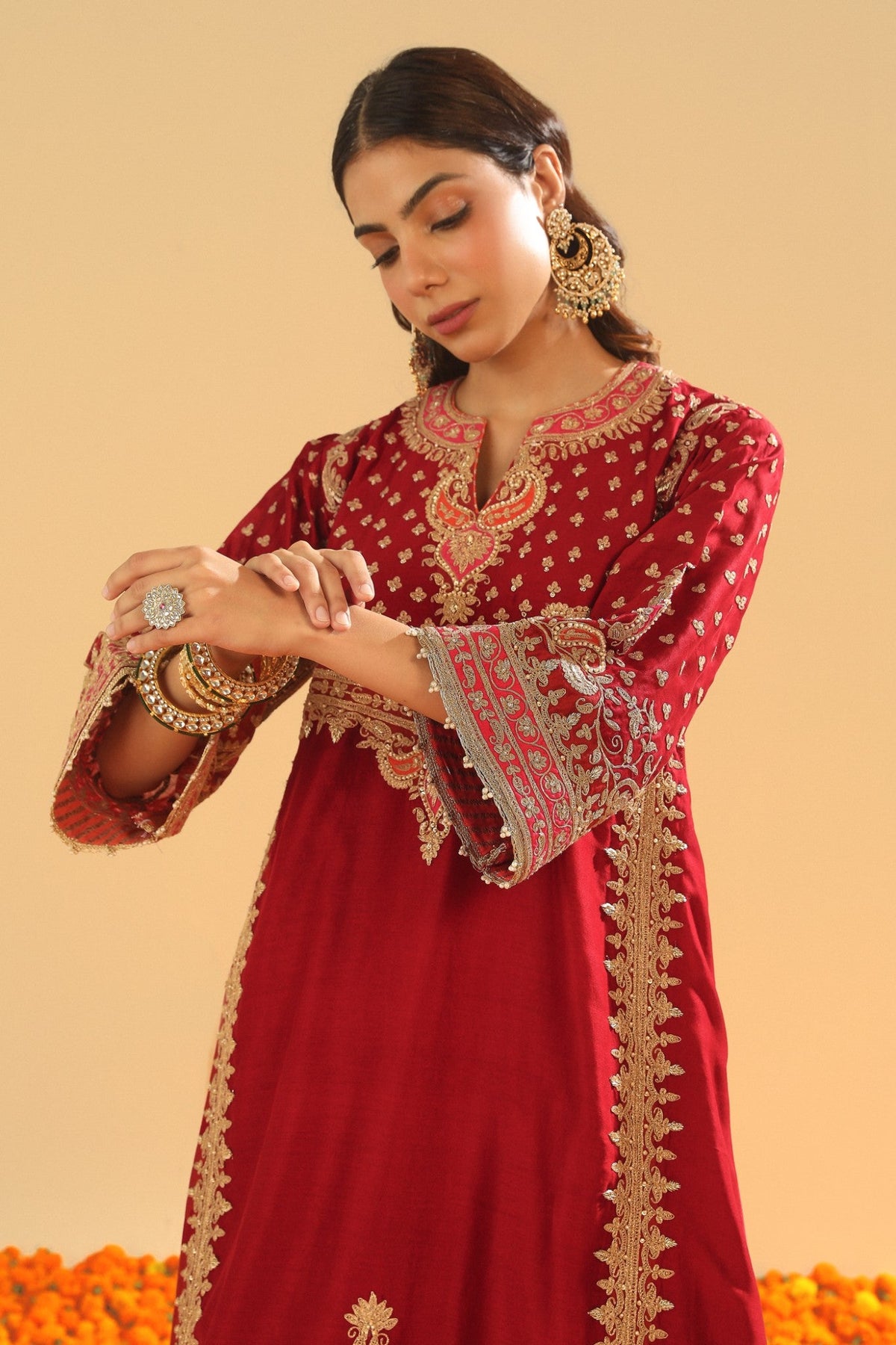 Shahzain - Deep Red Knee Length Kalidaar Chauga with Salwar
