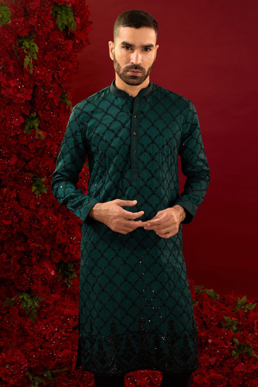 Dark green silk kurta with machine work