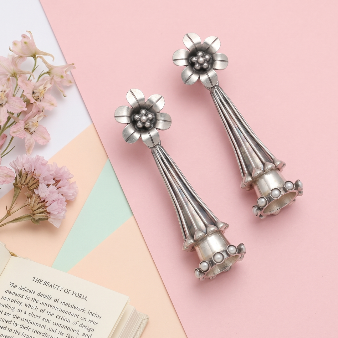 Handcrafted Floral Silver Earrings by Sangeeta Boochra