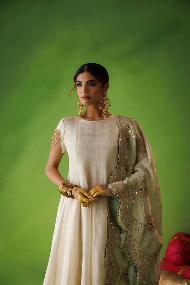 Beige tissue anarkali with pastel olive dupatta