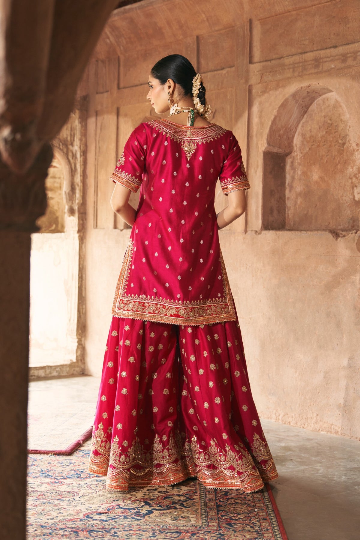 Hot Pink Pure Banarasi Short Kurta with Sharara & Dupatta