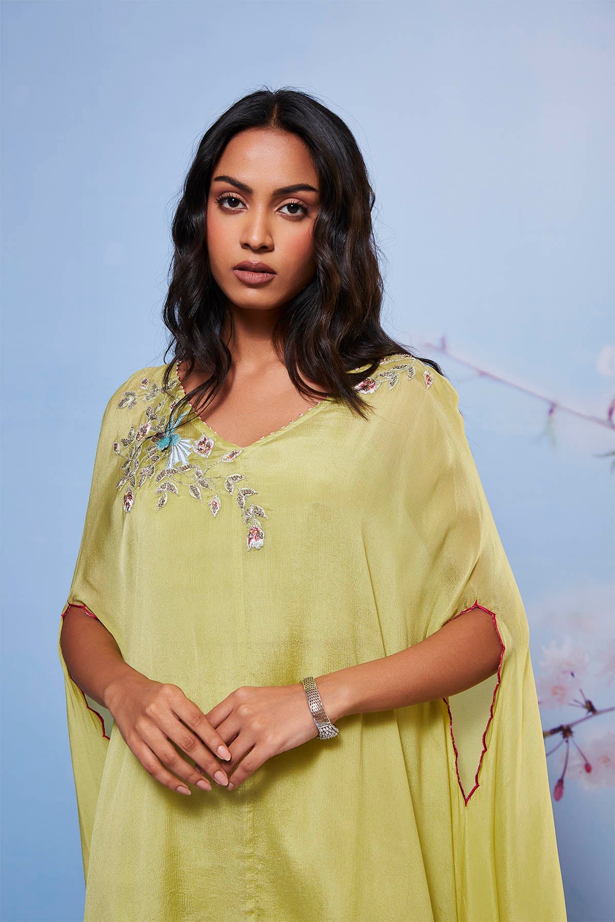 REET Mint Asymmetrical Cape Set with Embroidered Shoulder & Cigarette Pants