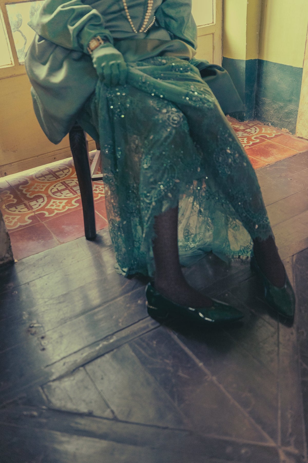 Green, Sequin Embroidery, Silk Satin & French Lace, Cocktail Dress Set, Asymmetrical Silhouette