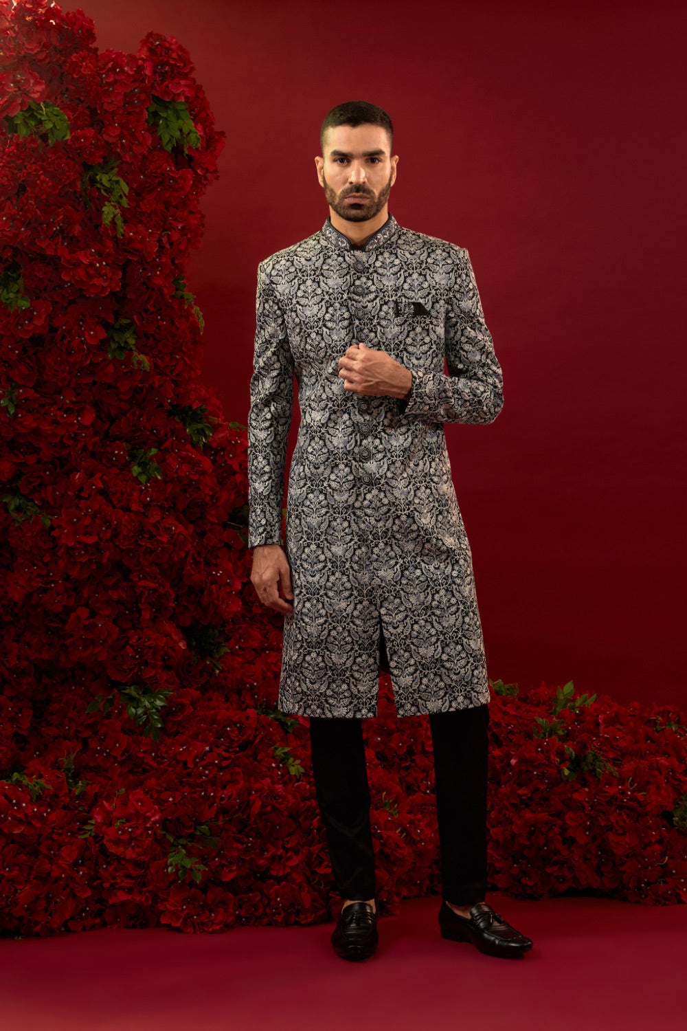 Black silk sherwani with silver machine work