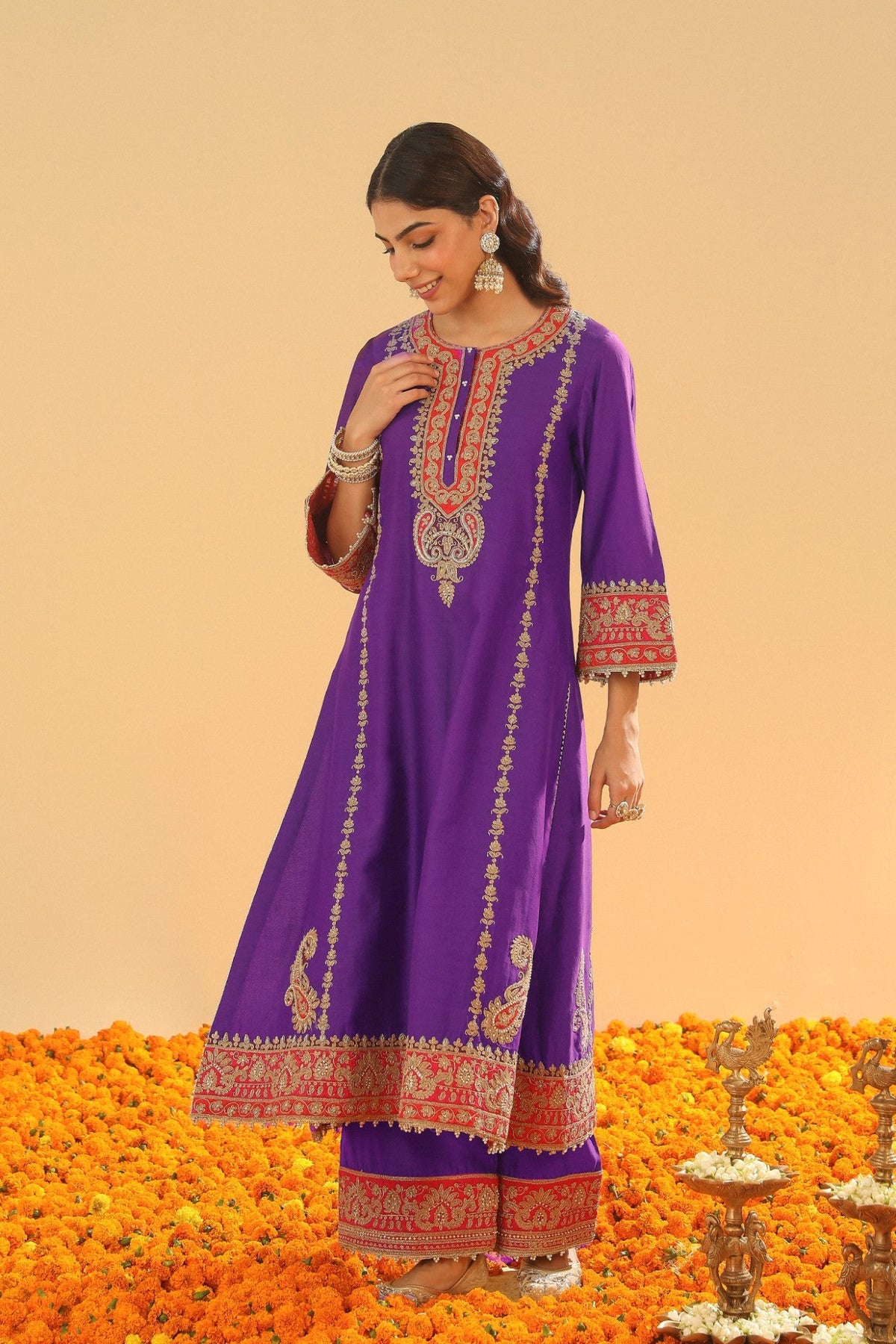 Maisha - Deep Purple Long A-line Kurta with Palazzo and Dupatta