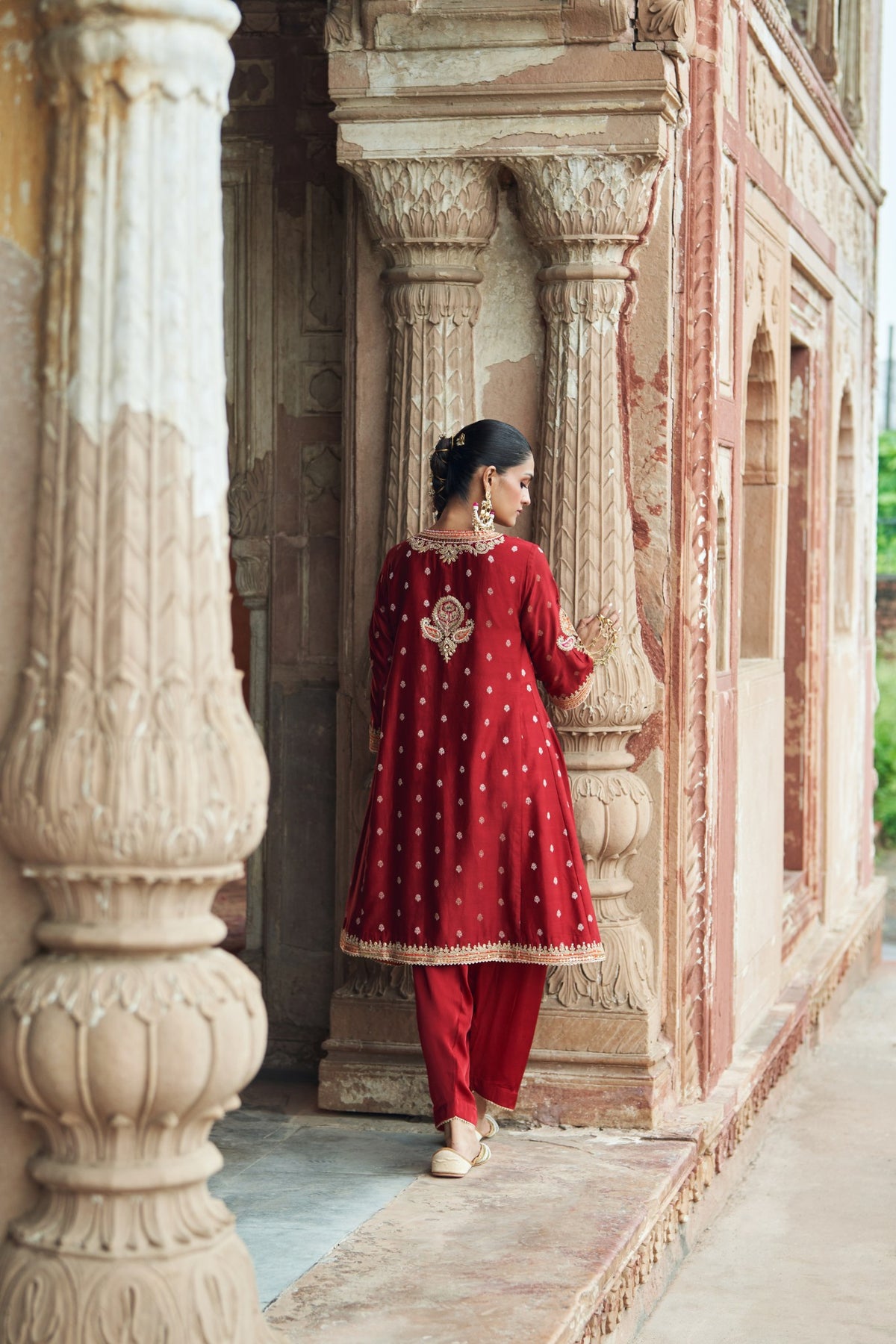 Deep Red Pure Silk Chanderi Chauga Kurta with Salwar Set