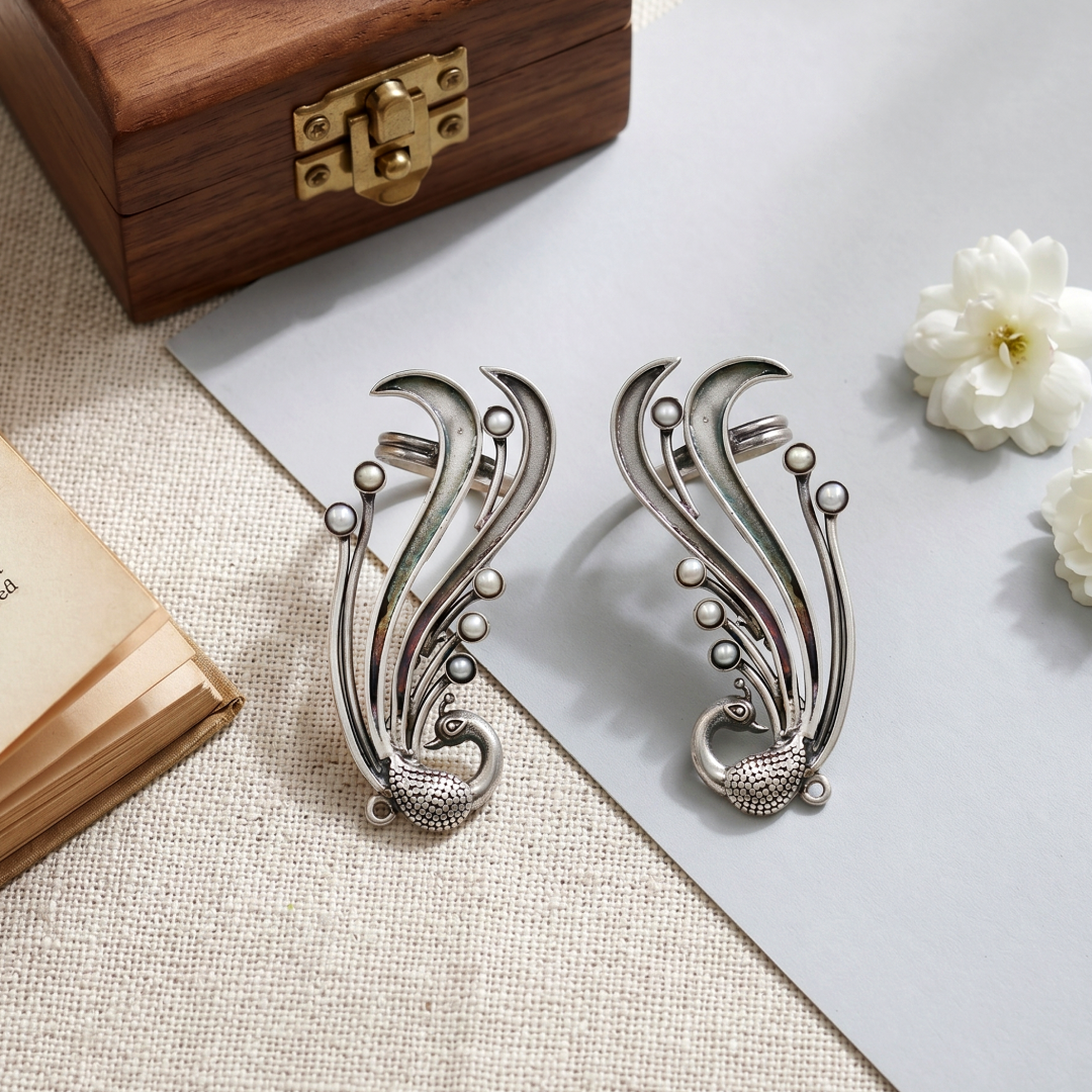 Peacock Grace Silver Earrings by Sangeeta Boochra